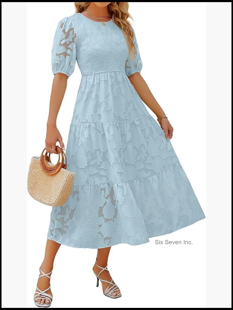 Floral Lace Puff Sleeve Smocked Maxi Dress Lightweight Polyester